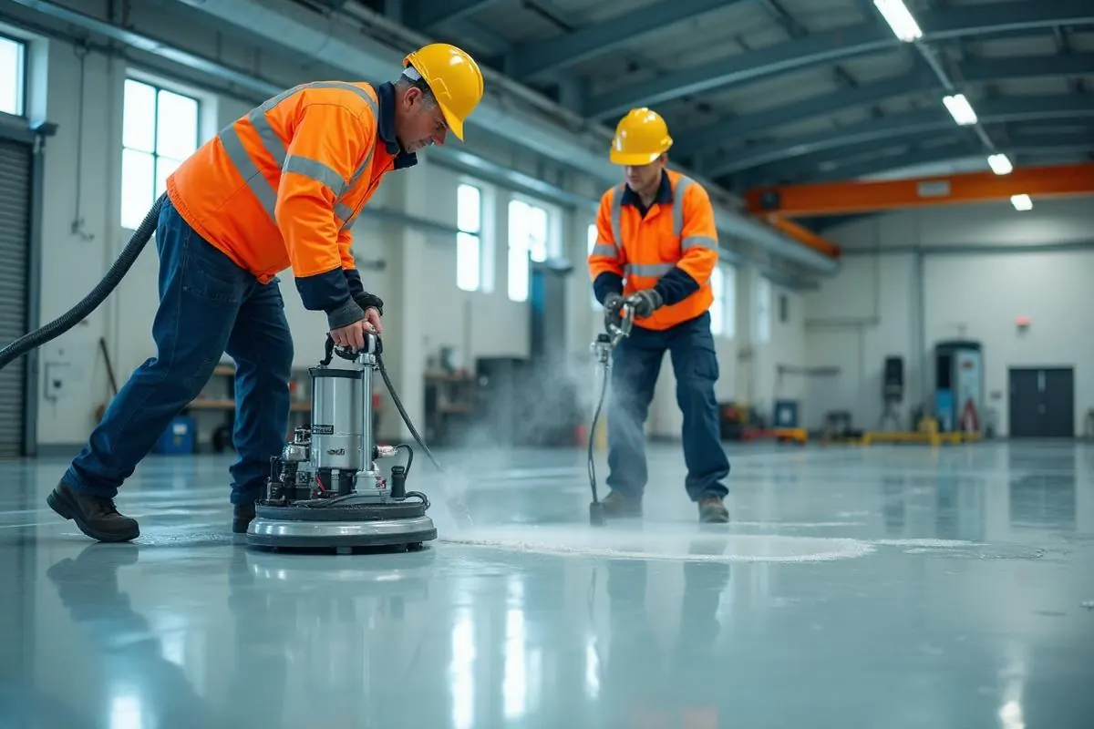 Floorcote installers preparing a commercial concrete slab before coating