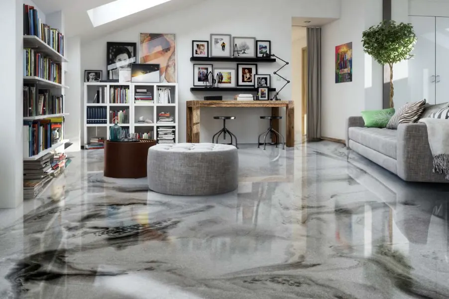 Open-plan living area with polished concrete flooring in a Sunshine Coast home